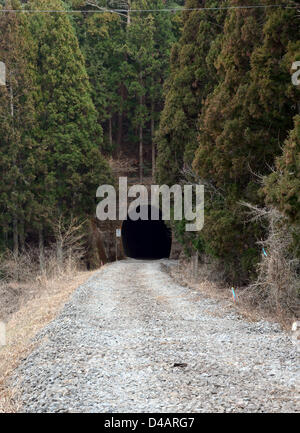 8. März 2013, Minami Sanriku, Japan - nur leere Gleisbett gehen in den Tunnel entlang der lokalen Kesennuma-Linie in der Nähe von Minami Sanriku Township, Präfektur Miyagi, am 8. März. Die Gemeinde entlang der Pazifikküste ist einer der am schlimmsten betroffenen Gebiete als Magnitude 9,0 Erdbeben und anschließenden Tsunami schlug der Nation Nordosten verlassen mehr als 15.000 Menschen Tote und außergewöhnlichen breitere Schwaden der Küstenstädte und Dörfer vor zwei Jahren am 11. März.  (Foto von Natsuki Sakai/AFLO) Stockfoto