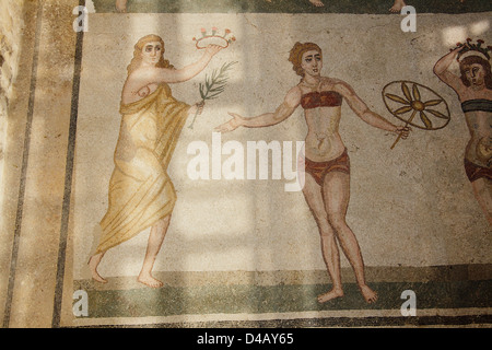 Piazza Armerina, Italien, Mosaik von Mädchen in Bikinis an der Villa Romana del Casale Stockfoto