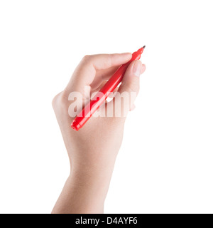 Handschrift mit Marker isoliert auf weiss Stockfoto