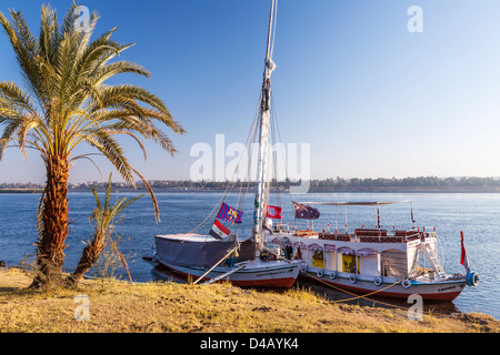 Felucca und Unterstützung Touristenboot vertäut am Ufer des Nils in der Nähe von Assuan bei Sonnenaufgang. Stockfoto