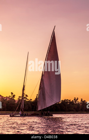 Traditionelle Arbeiten Transport Feluke Segeln entlang des Nils in der Nähe von Assuan bei Sonnenuntergang. Stockfoto