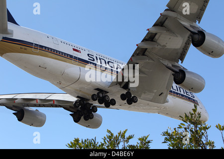 LOS ANGELES, Kalifornien, USA - 8. März 2013 - Singapore Airlines Airbus a-380 landet auf dem Flughafen Los Angeles Stockfoto