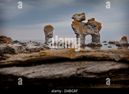 Kalkstein-Stacks am Gamle Hamnøya, Fårö, Gotland, Schweden. Stockfoto
