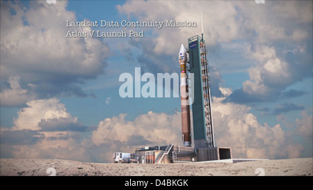 Eine Animation zeigt den Start der Landsat Data Continuity Mission (LDCM) und veranschaulicht deren laufende Erdbeobachtung und Satellitendatenerfassung für die Umweltüberwachung und wissenschaftliche Forschung. Stockfoto