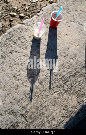 Zwei Getränke wirft lange Schatten links auf Lake Michigan Zement Stützmauer. Chicago Illinois IL USA Stockfoto