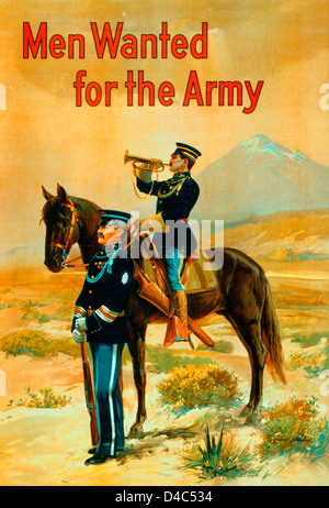 Männer wollten für die Armee - US Army recruiting Plakat zeigt einen Offizier stehend mit einem Soldaten, auf einem Pferd sitzend weht ein Signalhorn, ca. 1917 Stockfoto