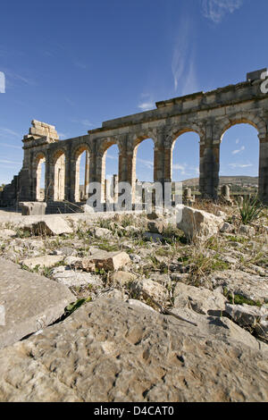 Das Bild zeigt die Ruinen der ehemaligen Römerstadt Volubilis, Marokko, 14. Dezember 2007. Im Jahr 1997 wurde die Stadt UNESCO-Welterbe erklärt. Foto: Lars Halbauer Stockfoto