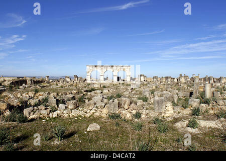 Das Bild zeigt die Ruinen der ehemaligen Römerstadt Volubilis, Marokko, 14. Dezember 2007. Im Jahr 1997 wurde die Stadt UNESCO-Welterbe erklärt. Foto: Lars Halbauer Stockfoto