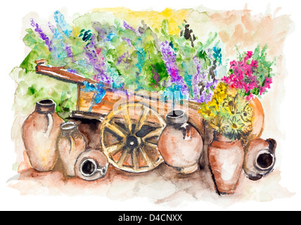 Die ländlichen Holzkarren mit Lavendel Blumensträuße, eine Menge von großen Tonkrüge mit Sonnenblumen - handgemachte Aquarellmalerei Stockfoto