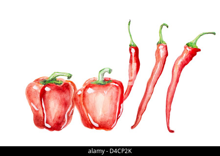 Tanzende Paprika und hot Chili Peppers Konzept isoliert - handgemachte Aquarellmalerei Abbildung auf ein weißes Papierkunst Stockfoto