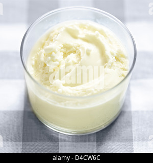 gefrorenen Joghurt Glas Dessert überprüft Tischdecke Stockfoto