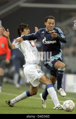 Lucho Gonzalez (L) von Porto und Schalke Jermaine Jones wetteifern um die Kugel während der UEFA Champions League Runde der letzten 16 ersten Bein Match FC Schalke 04 Vs FC Porto am "Arena Auf Schalke" in Gelsenkirchen, Deutschland, 19. Februar 2008. Schalke gewann 1: 0. Foto: Federico Gambarini Stockfoto