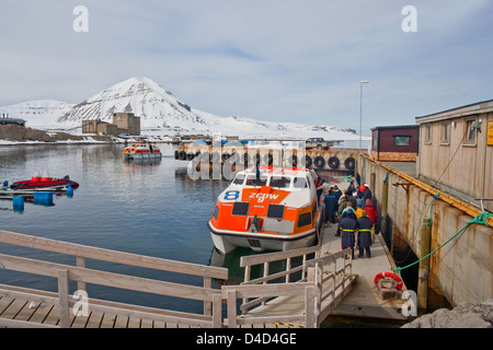 Ausschreibungen von der Kreuzfahrt Schiff Aurora Überführung Passagiere um Ny Alesund, die weltweit nördlichste zivile Siedlung zu besuchen. Stockfoto