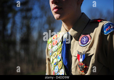 Boy Scouts of America Nahaufnahme ein Eagle Scout mit einer Schärpe Verdienstabzeichen voller Stockfoto