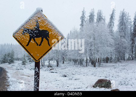 Verkehrszeichen Schnee Warnung für Reiter, die die Straße überqueren Stockfoto