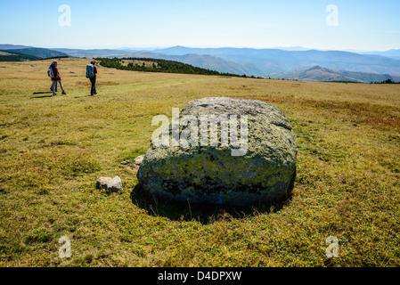 Wanderer, Abstieg vom Gipfel Pic de Finiels am Mont Lozère in den Cevennen, Lozère, Frankreich Stockfoto