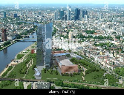 Das undatierte Handout veröffentlicht von der Stadt Frankfurt Main Pressestelle zeigt eine computergenerierte Luftaufnahme auf die neue Zentrale der Europäischen Zentralbank in Frankfurt Main, Deutschland. Wie von Wien ansässige Architekturbüro 'Coop Himmelb (l) au' entworfen besteht das neue Gebäude aus zwei 180-Meter hohen Zwillingstürme in der denkmalgeschützten ehemaligen Großmarkt integriert Stockfoto