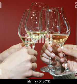 Besucher die Region Baden Weinmesse klirren die Gläser in Offenburg, Deutschland, 3. Mai 2008. Insgesamt 95 Weinberge und Winzer-Genossenschaften ihre Weine auf der zweitägigen Messe vorgestellt. Foto: Patrick Seeger Stockfoto