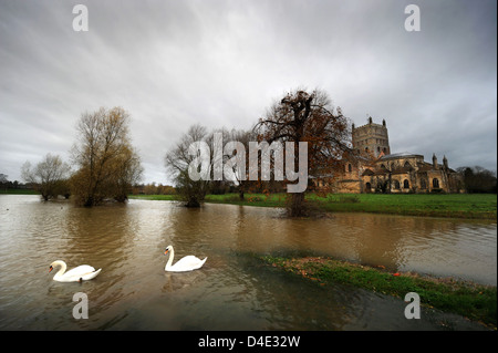 Die überfluteten Felder nahe Tewkesbury Abbey in Gloucestershire UK Stockfoto
