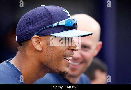 12. März 2013 - St. Petersburg, Florida, US - JAMES BORCHUCK |   Zeiten... Desmond Jennings Uhren strahlen-Frühling-Training-Spiel gegen die Yankees an Charlotte Sportpark Dienstag in Port Charlotte, FL. (Credit-Bild: © James Borchuck/Tampa Bay Times/ZUMAPRESS.com) Stockfoto