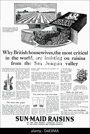 Original 1920er Jahre Ära Vintage Werbung Drucken von englischen Zeitschriftenwerbung SUN MAID Rosinen des San Joaquin Valley Stockfoto