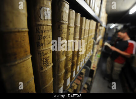 Ein männlicher Student steht lesen in der Staat und Seminar-Bibliothek der katholischen Universität Eichstätt-Ingolstadt (KU) in Eichstätt, Deutschland, 15. Mai 2008.  KU ist die einzige katholische Universität im deutschsprachigen Raum, mit derzeit 4.500 Studenten, 120 Professorinnen und Professoren, mehr als 200 wissenschaftliche Mitarbeiter und zahlreiche Dozenten. Sieben Fakultäten der Universität befinden sich in Eichstätt Stockfoto