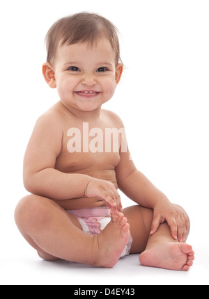Glücklich elf Monate Baby isoliert auf einem weißen Hintergrund. Stockfoto