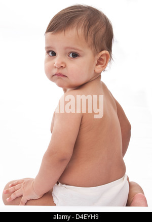 Lustige Baby isoliert auf einem weißen Hintergrund verärgert. Stockfoto