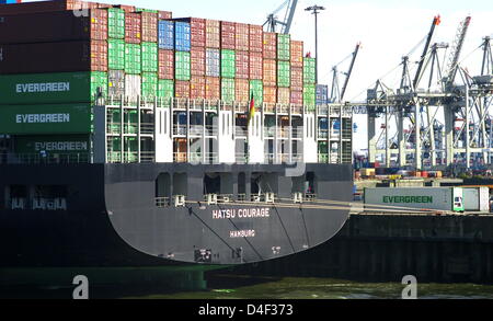 Abgebildet ist ein Containerschiff am Container terminal "Burchardkai" an der Elbe in Hamburg, Deutschland, 9. Juni 2008. Die profitables Wachstum "Hamburger Hafen Und Logistik AG" (HHLA) weiter im ersten Quartal des Jahres 2008. Der Umsatz stieg um 15,5 Prozent auf 320,8 Millionen Euro. Die Zunahme von 29,8 Prozent auf 92,6 Mio. Euro verbessert operatives Ergebnis (EBIT) overproportion Stockfoto