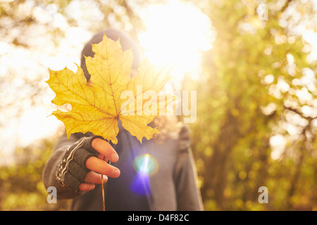 Junge Herbst Blatt im Freien halten Stockfoto