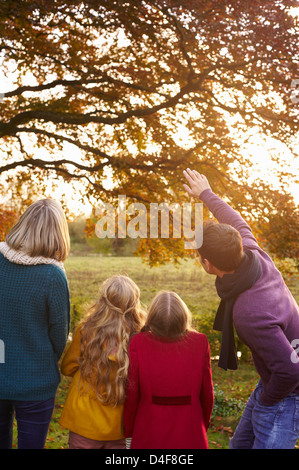 Familie Herbst bewundern lässt im Baum Stockfoto