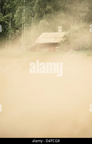 Kleines Holzhaus von Wiese im Morgennebel, Schweden Stockfoto