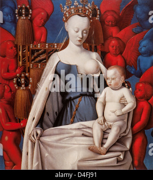 Jungfrau und Kind umgeben von Engeln, ca. 1450 von Jean Fouquet im Koninklijk Museum Voor Schone Kunsten, Antwerpen Stockfoto