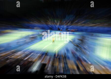 Eine allgemeine Ansicht während der MenÒs Badminton Einzel Runde der 32 Wettbewerb in der Turnhalle der Beijing University of Technology (BJUT) bei Beijing 2008 Olympischen Spielen in Peking, China, 11. August 2008. Foto: Marcus Brandt Dpa (c) Dpa - Bildfunk Stockfoto