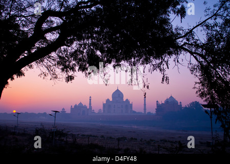 Das Taj Mahal bei Sonnenaufgang, über den ausgetrockneten Fluss Yamuna in Mehtab Bagh Park aus fotografiert Stockfoto