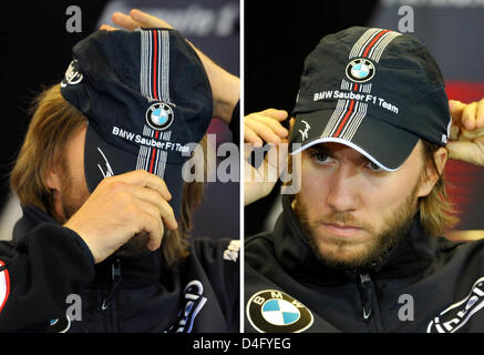 Das Combo-Bild zeigt deutsche Formel1-Fahrer Nick Heidfeld BMW Sauber seine Mütze aufsetzen, während einer Pressekonferenz auf der Rennstrecke von Spa-Francorchamps, Belgien, 4. September 2008. Die Formel 1 Rennstrecke in Belgien statt findet am 7. September 2008. Foto: Carmen Jaspersen Stockfoto