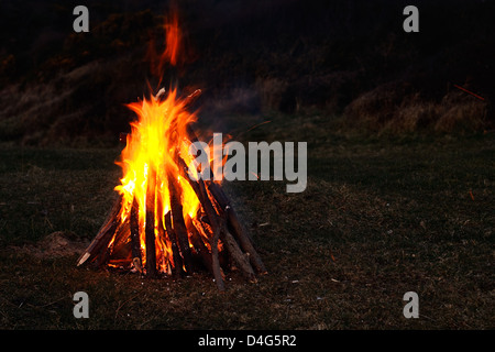 Knisternden Lagerfeuer von echtem Holz gesammelt, am Strand und in voller Glut mit dunklem Hintergrund für Kopie Stockfoto