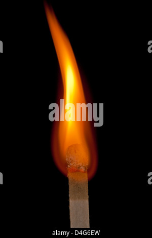 Flamme brennenden auf Match auf schwarzem Hintergrund. Stockfoto