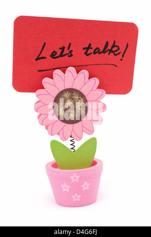 Lassen Sie uns sprechen Worte geschrieben auf rotem Papier Sonne Blume Topf Clips Stockfoto