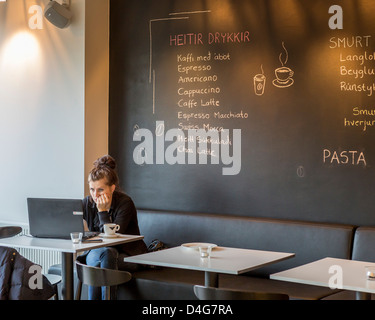 Frau mit einem Laptop in einem Café in Reykjavik, Island Stockfoto