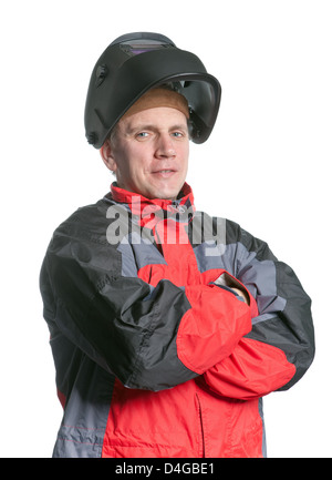 Porträt des Mannes in Arbeitskleidung und Schweißer Maske Stockfoto