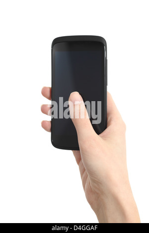 Frau Hand halten und berühren einen Handy-Bildschirm mit ihrem Daumen auf einem weißen Hintergrund isoliert Stockfoto