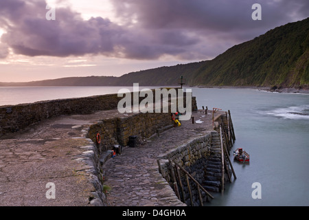 Steinerne Hafenmauer in Clovelly, North Devon, England. Herbst (September). Stockfoto