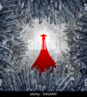 Die Verwirrung mit einer massiven Gruppe von verwirrt graue Pfeile in mehrere Richtungen und ein Hinweis auf das Licht der Möglichkeit und Freiheit als ein Konzept für den Erfolg gerade rote zu entkommen. Stockfoto