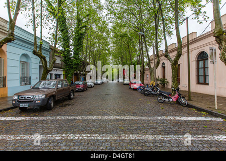 Gepflasterte Straße in Colonia del Sacramento, Uruguay, Südamerika Stockfoto