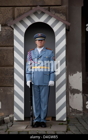 Sentry in seinem Wachhäuschen auf der Prager Burg, Prag, Tschechische Republik Stockfoto