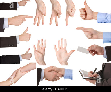 Sammlung von Händen Gesten zeigen. Isoliert auf weißem Hintergrund. Stockfoto