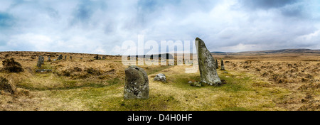 Die Scorhill Stone Circle im Dartmoor National Park in Devon, auch bekannt als Gidleigh Stone Circle oder steile Hügel Steinkreis Stockfoto