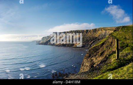 Gad Klippen von Kimmeridge Bucht an der Jurassic Coast, ist der South West Coast Path auf der rechten Seite des Zauns. Stockfoto