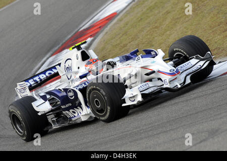 Polnische Formel-1-Pilot Robert Kubica BMW Sauber lenkt sein Auto in der Formel 1 chinesischen Grand Prix am Shanghai International Circuit in Shanghai, Deutschland, 19. Oktober 2008. Heidfeld wurde Fünfter im vorletzten Rennen der Saison. Foto: JENS Büttner Stockfoto